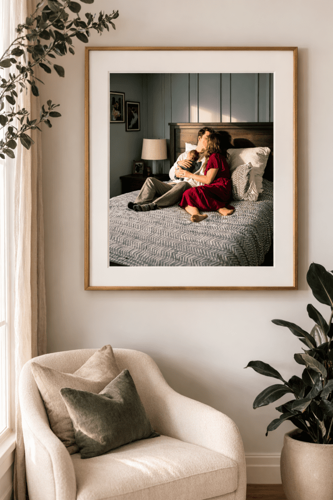 winnipeg family and newborn in home lifestyle photographer with custom framed wall art and heirloom pieces