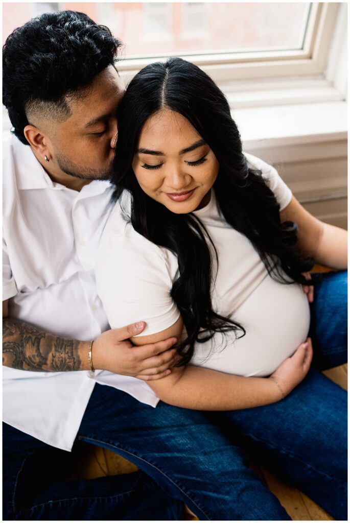 Winnipeg maternity photographer captures in studio session of Ayannas pregnancy with baby boy.