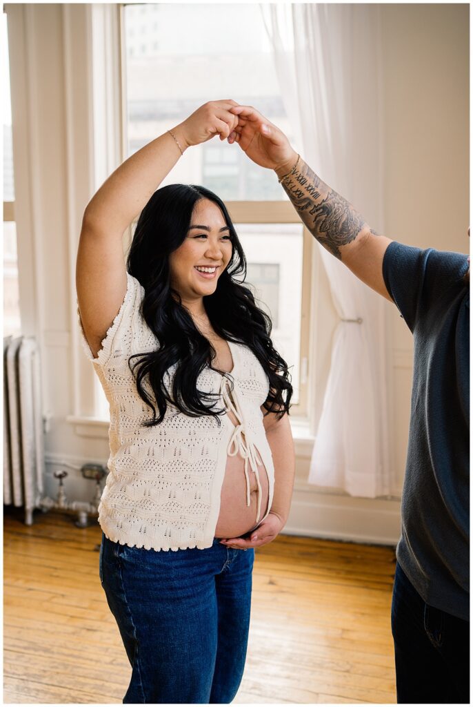 Winnipeg maternity photographer captures in studio session of Ayannas pregnancy with baby boy.