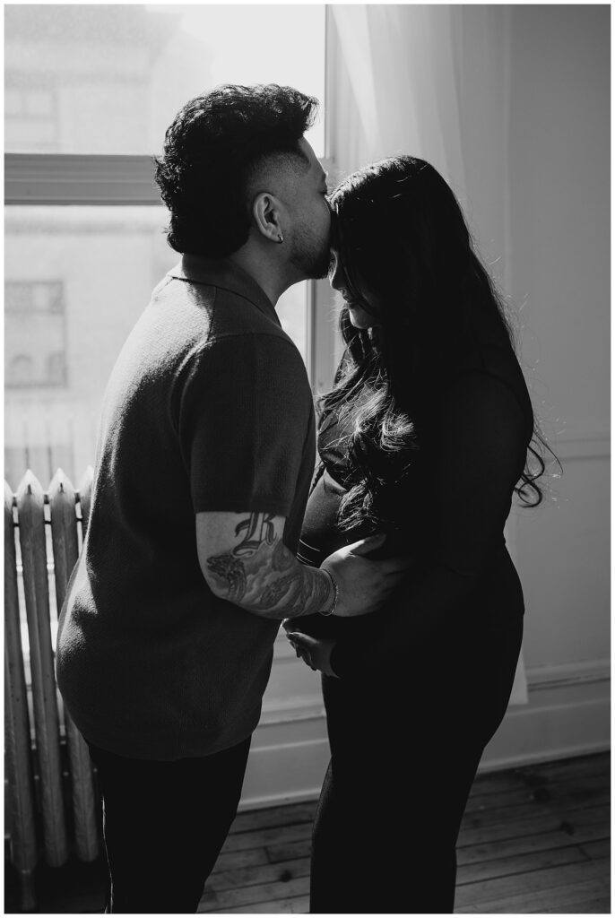 Winnipeg maternity photographer captures in studio session of Ayannas pregnancy with baby boy.