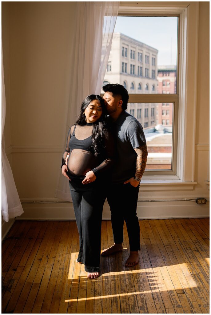 Winnipeg maternity photographer captures in studio session of Ayannas pregnancy with baby boy.