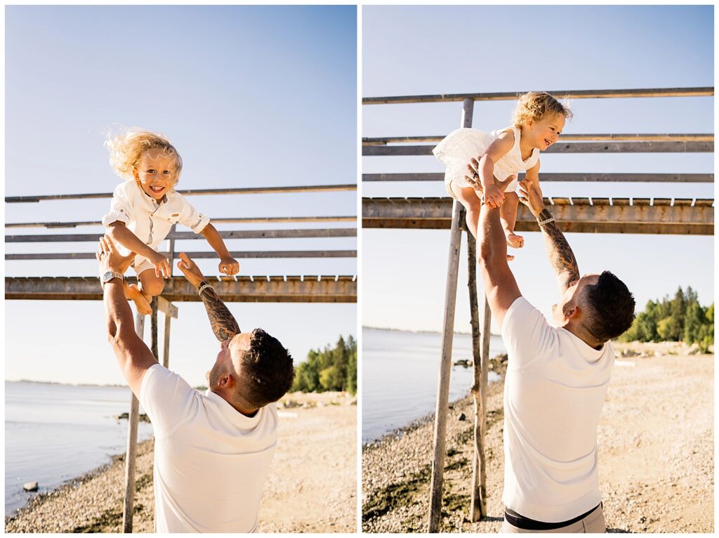 Winnipeg family photoshoot at Matlock Beach in the summer with beautiful morning light running around with their son and daughter.
