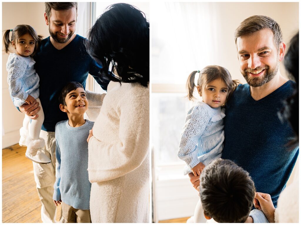 Winnipeg maternity photographer captures lifestyle maternity session in studio with baby number 3 on the way in downtown winnipeg at my studio.