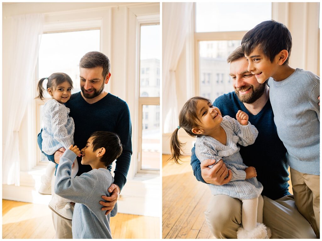 Winnipeg maternity photographer captures lifestyle maternity session in studio with baby number 3 on the way in downtown winnipeg at my studio.