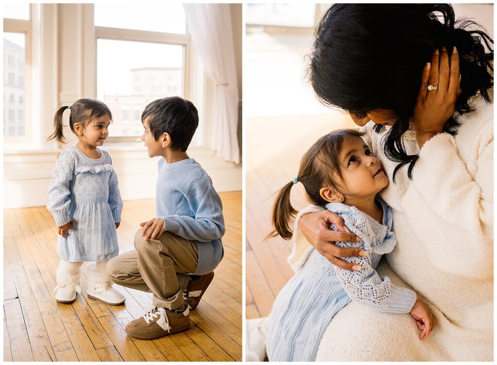 Winnipeg maternity photographer captures lifestyle maternity session in studio with baby number 3 on the way in downtown winnipeg at my studio.