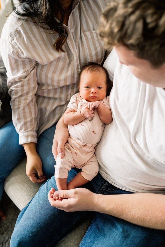 in home newborn session with a brand new baby with their cute dogs in their home