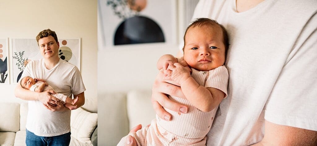 in home newborn photoshoot with a brand new baby with their cute dogs in their home