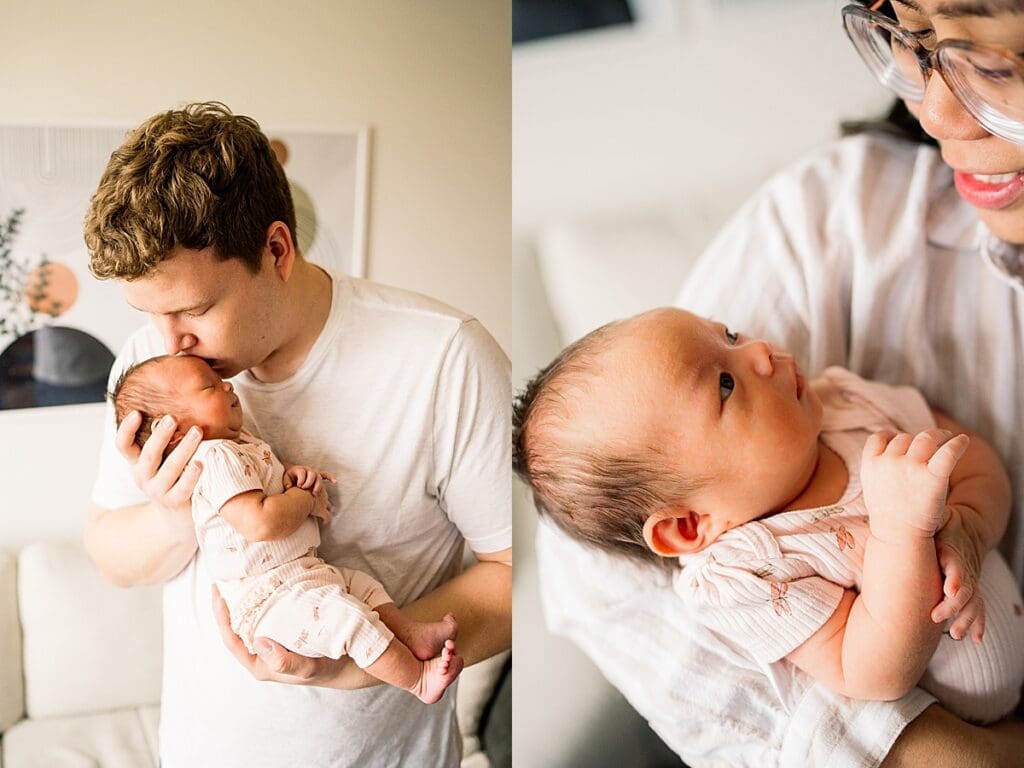 in home newborn photoshoot with a brand new baby with their cute dogs in their home