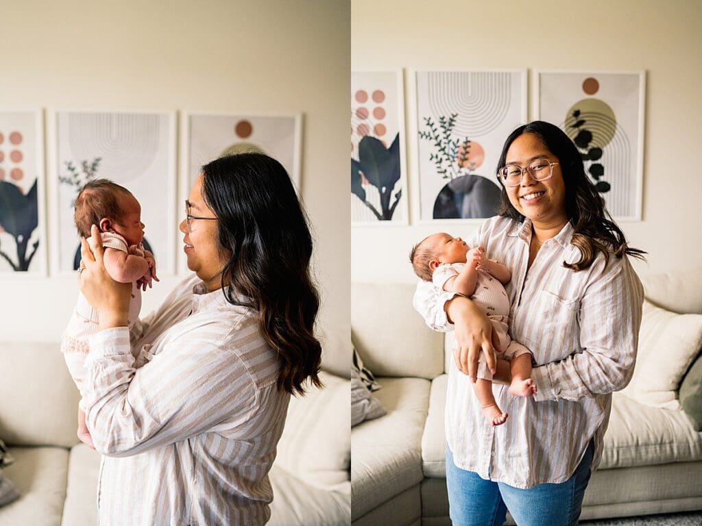 in home newborn photoshoot with a brand new baby with their cute dogs in their home