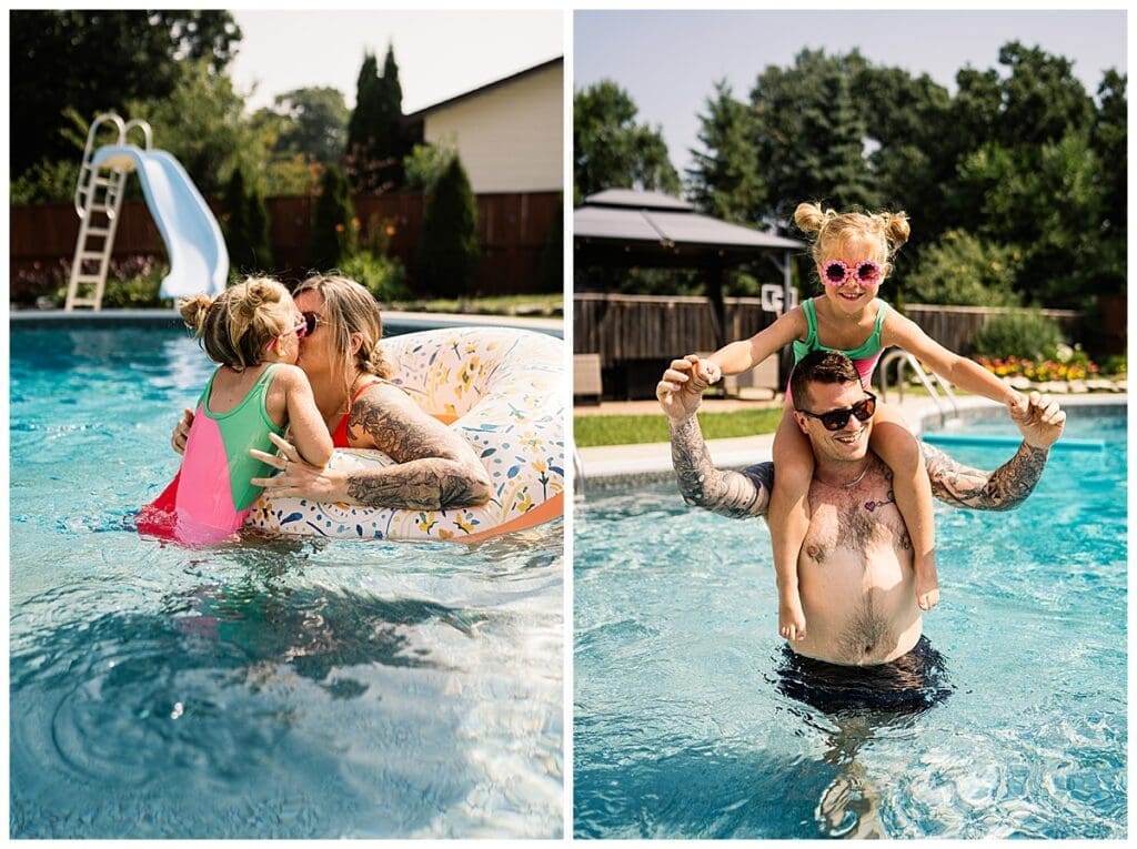 At home family session Winnipeg backyard pool party